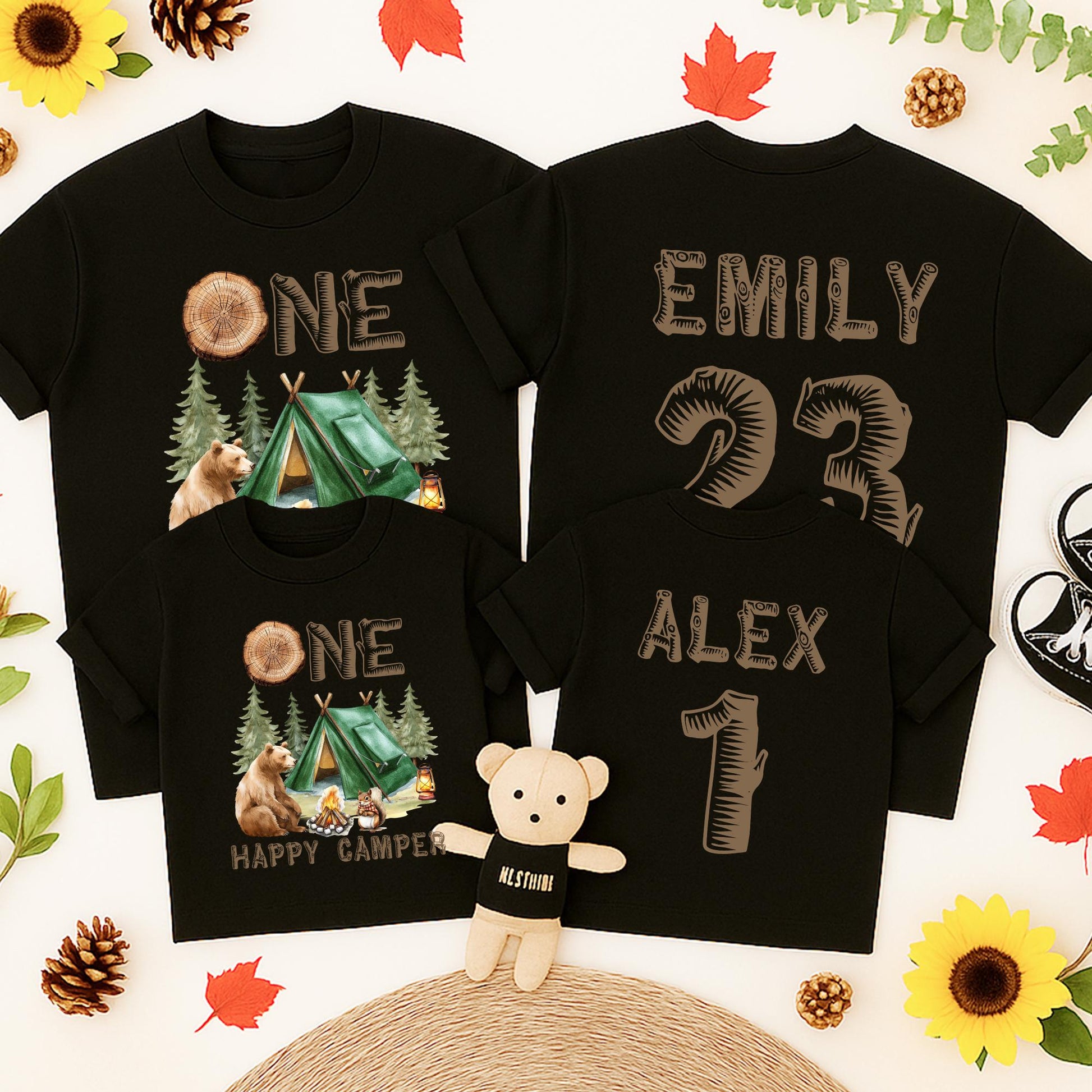 Personalized ONE Happy Camper First Birthday Family Camping T-Shirts rustic earthy tones bear squirrel pine tree design for boy mama dada
