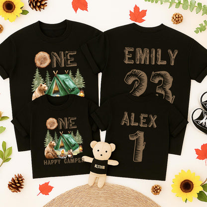 Personalized ONE Happy Camper First Birthday Family Camping T-Shirts rustic earthy tones bear squirrel pine tree design for boy mama dada