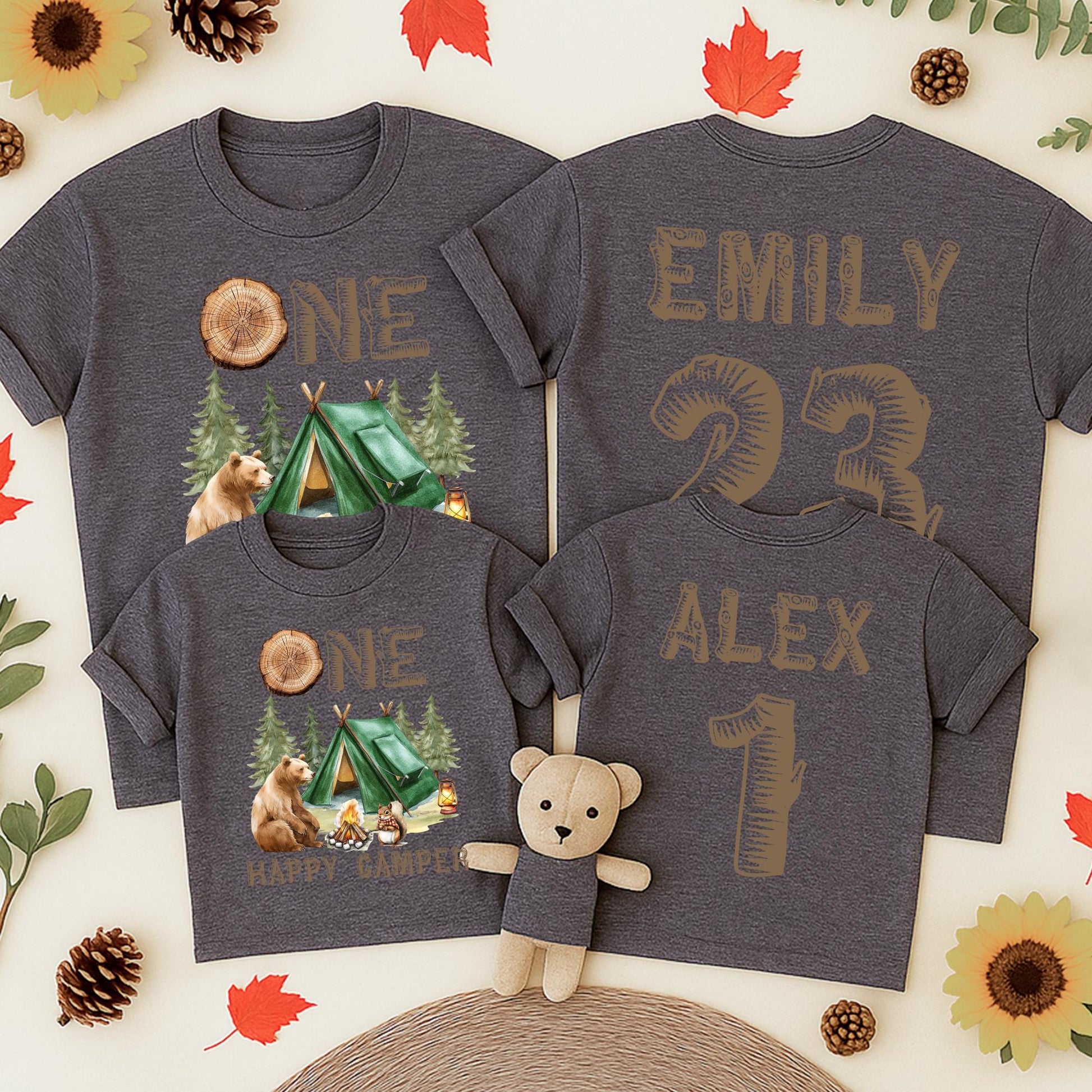 Personalized ONE Happy Camper First Birthday Family Camping T-Shirts rustic earthy tones bear squirrel pine tree design for boy mama dada