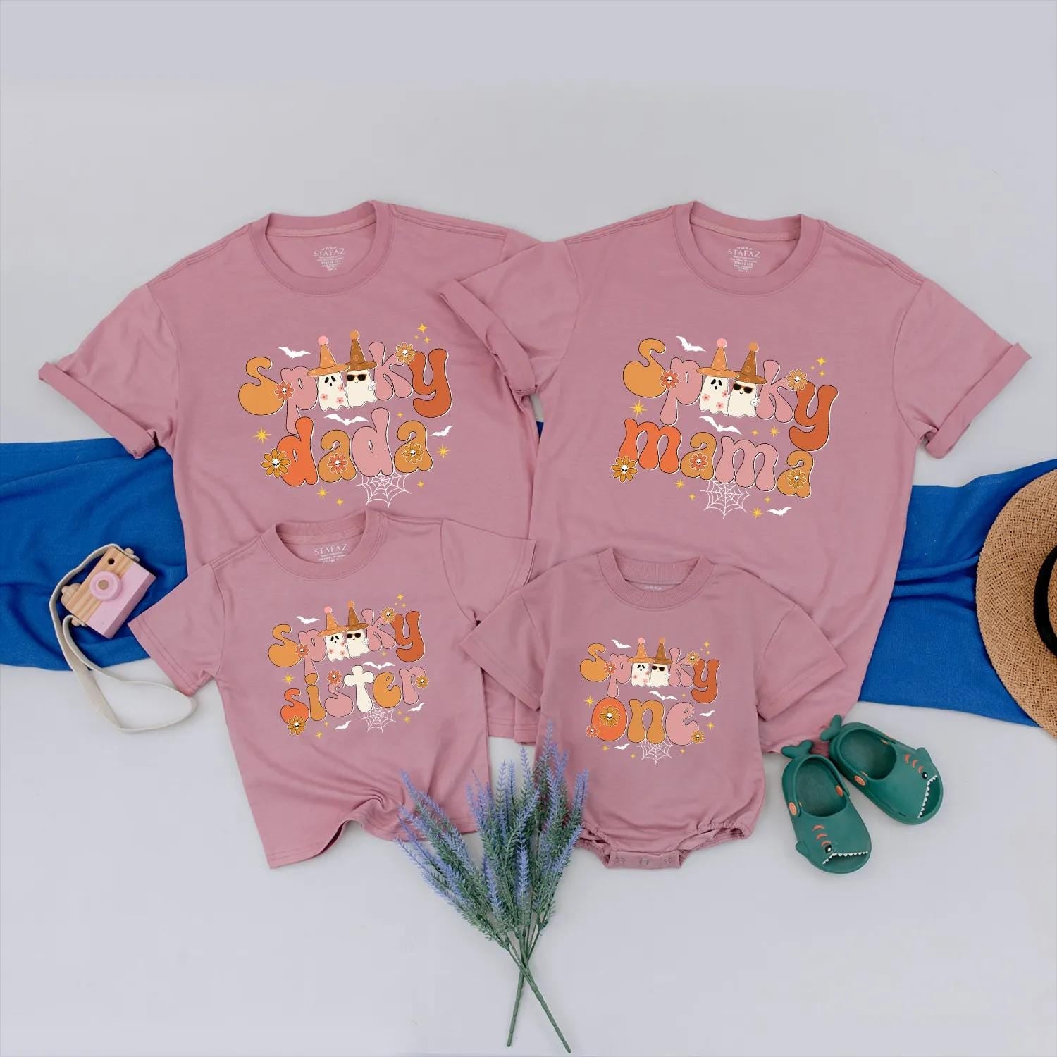 Spooky One Family Halloween Matching Shirts Retro 1st Birthday Outfit Vintage Ghosts Peach Orange Bats Toddler Baby Clothes Family First Halloween Party (139 chars)