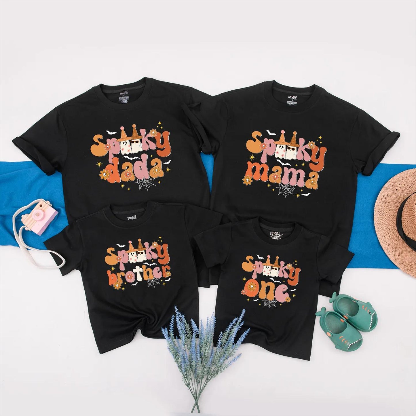 Spooky One Family Halloween Matching Shirts Retro 1st Birthday Outfit Vintage Ghosts Peach Orange Bats Toddler Baby Clothes Family First Halloween Party (139 chars)