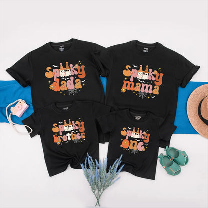 Spooky One Family Halloween Matching Shirts Retro 1st Birthday Outfit Vintage Ghosts Peach Orange Bats Toddler Baby Clothes Family First Halloween Party (139 chars)
