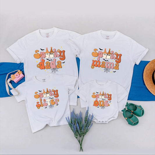 Spooky One Family Halloween Matching Shirts Retro 1st Birthday Outfit Vintage Ghosts Peach Orange Bats Toddler Baby Clothes Family First Halloween Party (139 chars)