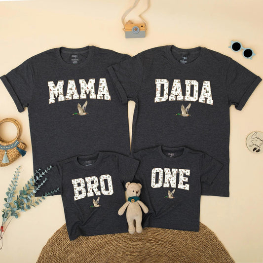 Custom Duck Hunting Family Matching Shirts Mallard Outfit Mom Dad Bro First Birthday Boy Party Clothes Playful Outdoor Design