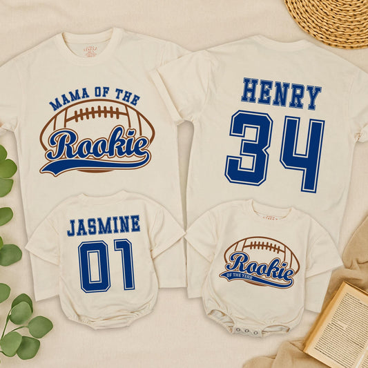 Rookie of the Year Football Birthday Shirt Baby Tee "Henry 34" & "Jasmine 01" Blue Brown