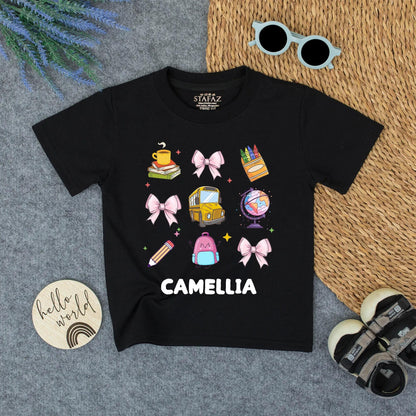 Cute Back To School Personalized Girl Shirt with Books, Bows & Bus | First Day of School Tee