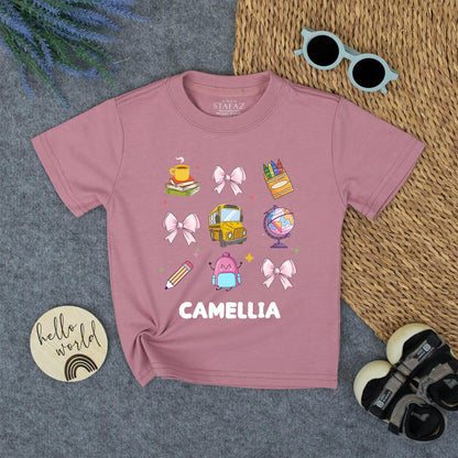Cute Back To School Personalized Girl Shirt with Books, Bows & Bus | First Day of School Tee