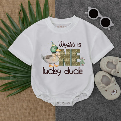 Customized One Lucky Duck Baby Bubble Romper First Birthday Mallard Duck Bodysuit Cute Party Gift