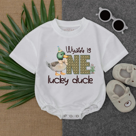 Customized One Lucky Duck Baby Bubble Romper First Birthday Mallard Duck Bodysuit Cute Party Gift