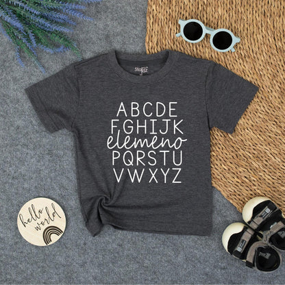 Alphabet School Shirt for Kids elemeno Cute ABC Toddler Tee Natural Cotton Blend Learning Fun First Day Outfit Playful Design Comfortable Teacher Gift (138 chars)