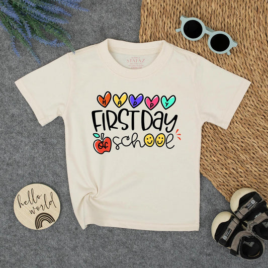 Happy First Day of School Shirt for Toddlers & Youth with Colorful Hearts & Apple Design - Great School Gift