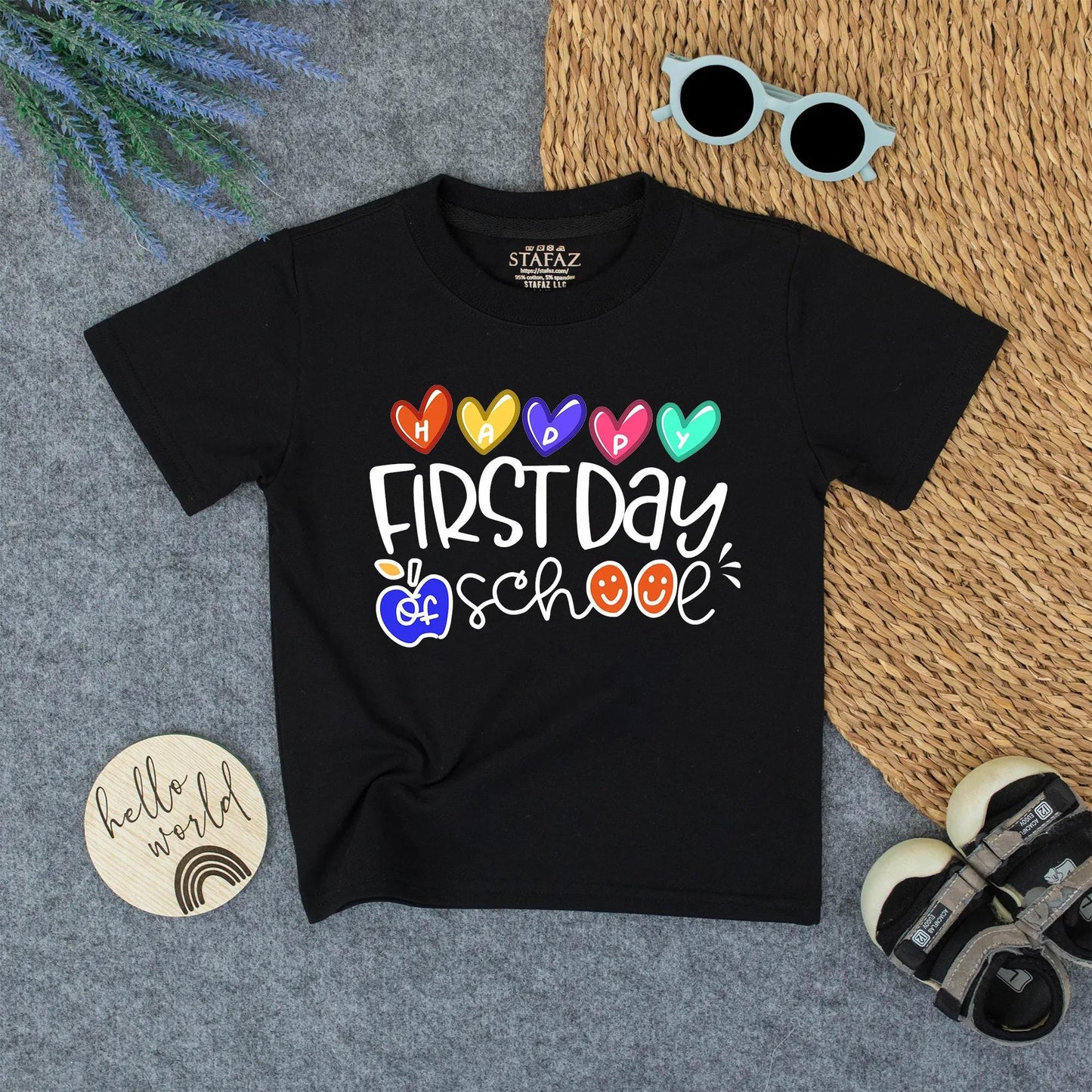 Happy First Day of School Shirt for Toddlers & Youth with Colorful Hearts & Apple Design - Great School Gift