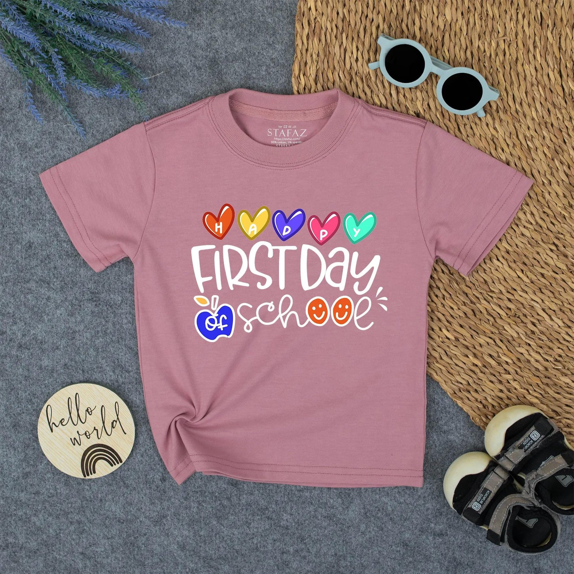 Happy First Day of School Shirt for Toddlers & Youth with Colorful Hearts & Apple Design - Great School Gift