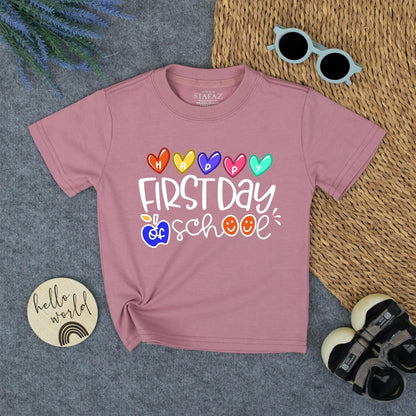 Happy First Day of School Shirt for Toddlers & Youth with Colorful Hearts & Apple Design - Great School Gift