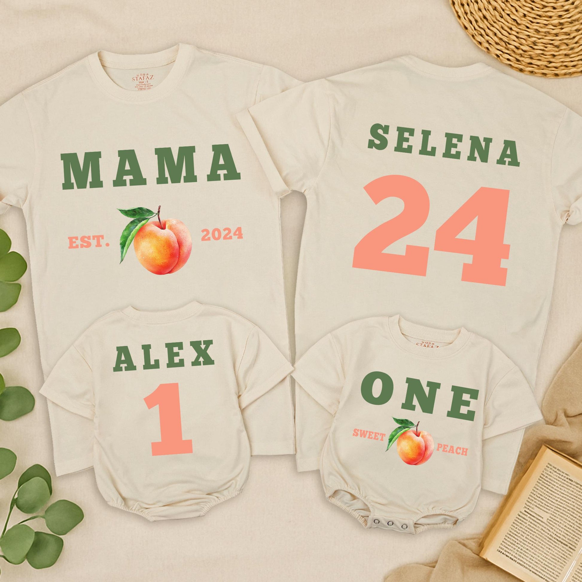 One Sweet Peach Matching Family Birthday Shirts Mommy And Me Tees 1st Birthday Outfit with Custom Names and EST. 2024