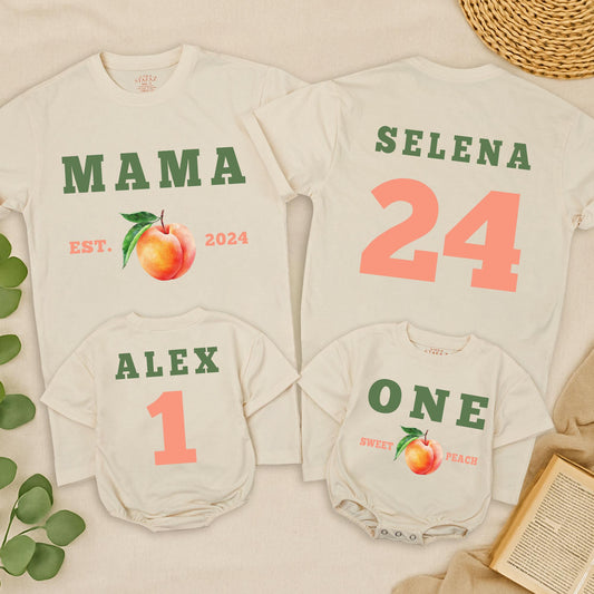 One Sweet Peach Matching Family Birthday Shirts Mommy And Me Tees 1st Birthday Outfit with Custom Names and EST. 2024