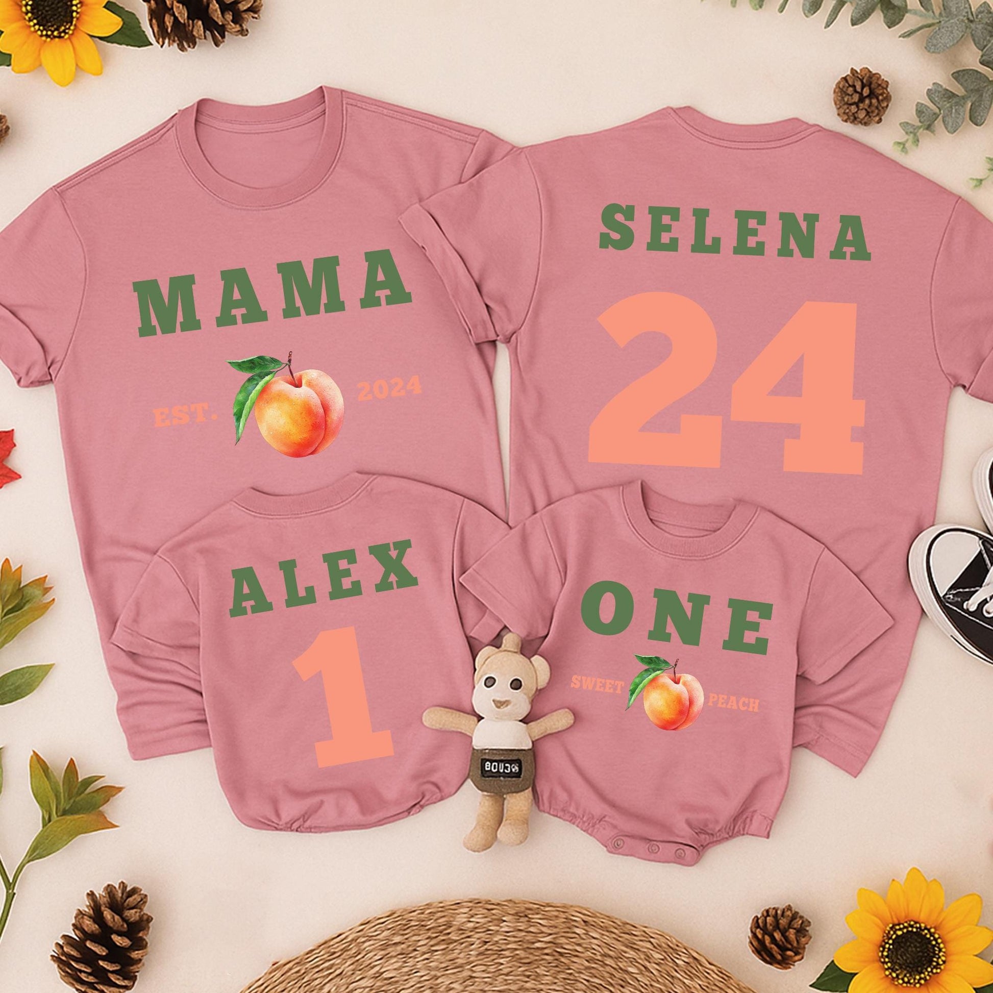 One Sweet Peach Matching Family Birthday Shirts Mommy And Me Tees 1st Birthday Outfit with Custom Names and EST. 2024