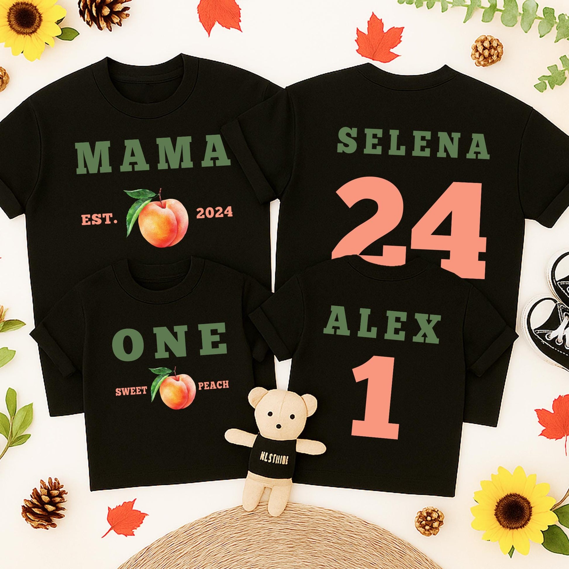 One Sweet Peach Matching Family Birthday Shirts Mommy And Me Tees 1st Birthday Outfit with Custom Names and EST. 2024