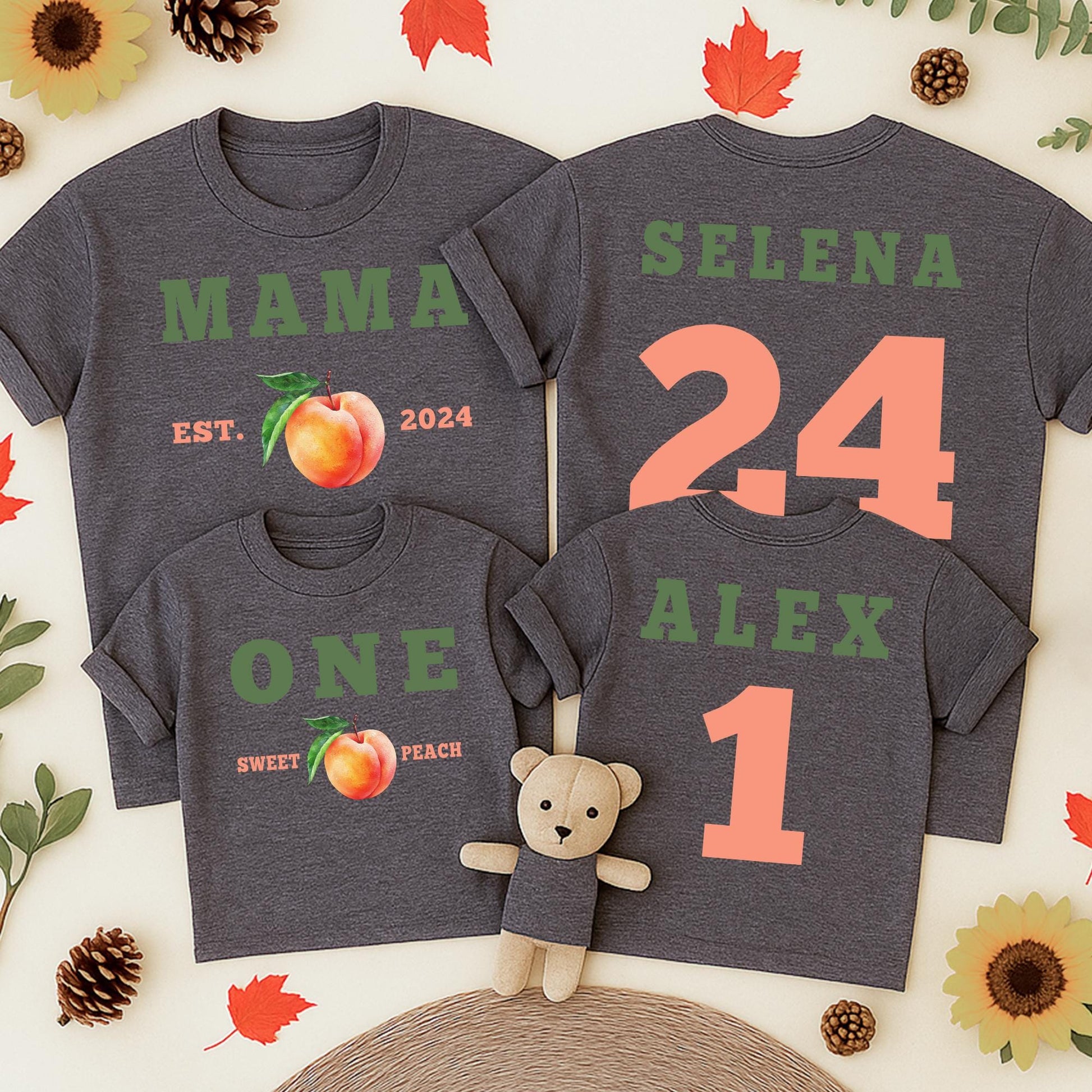 One Sweet Peach Matching Family Birthday Shirts Mommy And Me Tees 1st Birthday Outfit with Custom Names and EST. 2024
