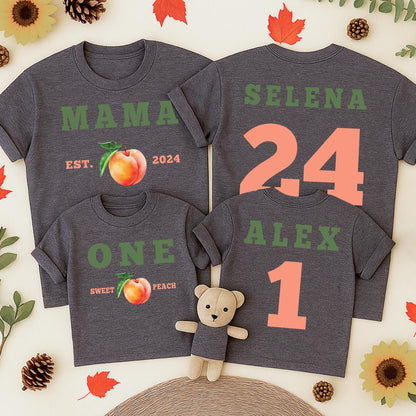 One Sweet Peach Matching Family Birthday Shirts Mommy And Me Tees 1st Birthday Outfit with Custom Names and EST. 2024