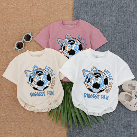 Little Sister Biggest Fan Soccer Ball Romper Short Sleeve Baby Girl Outfit Toddler Sports Bodysuit Infant Game Day Clothes Baby Fan Gift