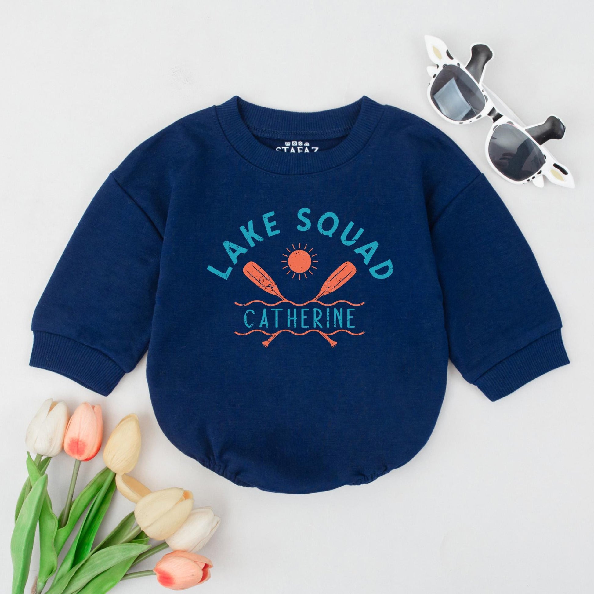 Personalized Lake Squad Romper: Custom Catherine's Lake Vacation Baby Outfit, Summer Camping Infant Sweatshirt, Cute Baby Shower Gift, Boy or Girl, Oars 139 chars