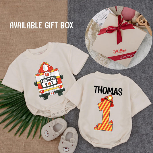 Customized Firefighter 1st Birthday Boy Romper Fire Truck Baby Bubble Outfit First Birthday Clothes Toddler Fireman Gift