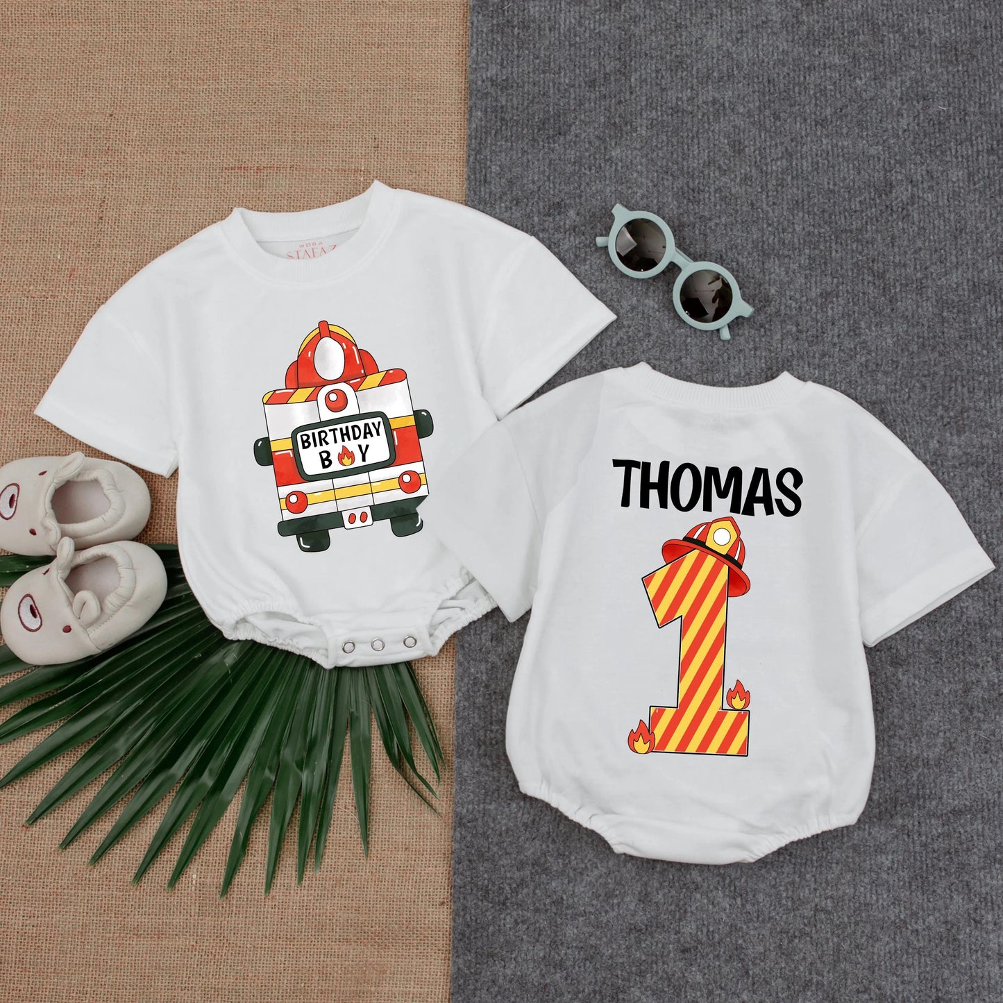 Customized Firefighter 1st Birthday Boy Romper Fire Truck Baby Bubble Outfit First Birthday Clothes Toddler Fireman Gift