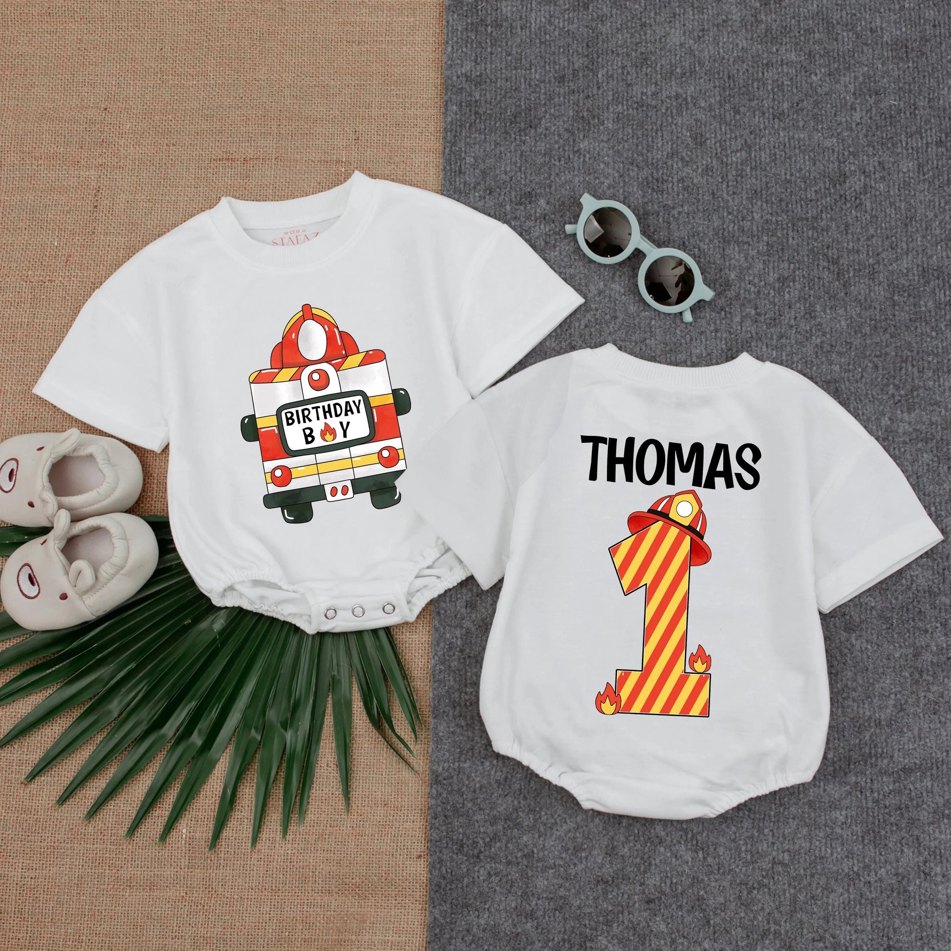 Customized Firefighter 1st Birthday Boy Romper Fire Truck Baby Bubble Outfit First Birthday Clothes Toddler Fireman Gift