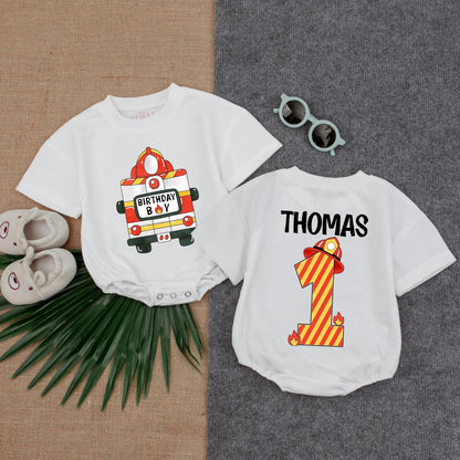 Customized Firefighter 1st Birthday Boy Romper Fire Truck Baby Bubble Outfit First Birthday Clothes Toddler Fireman Gift