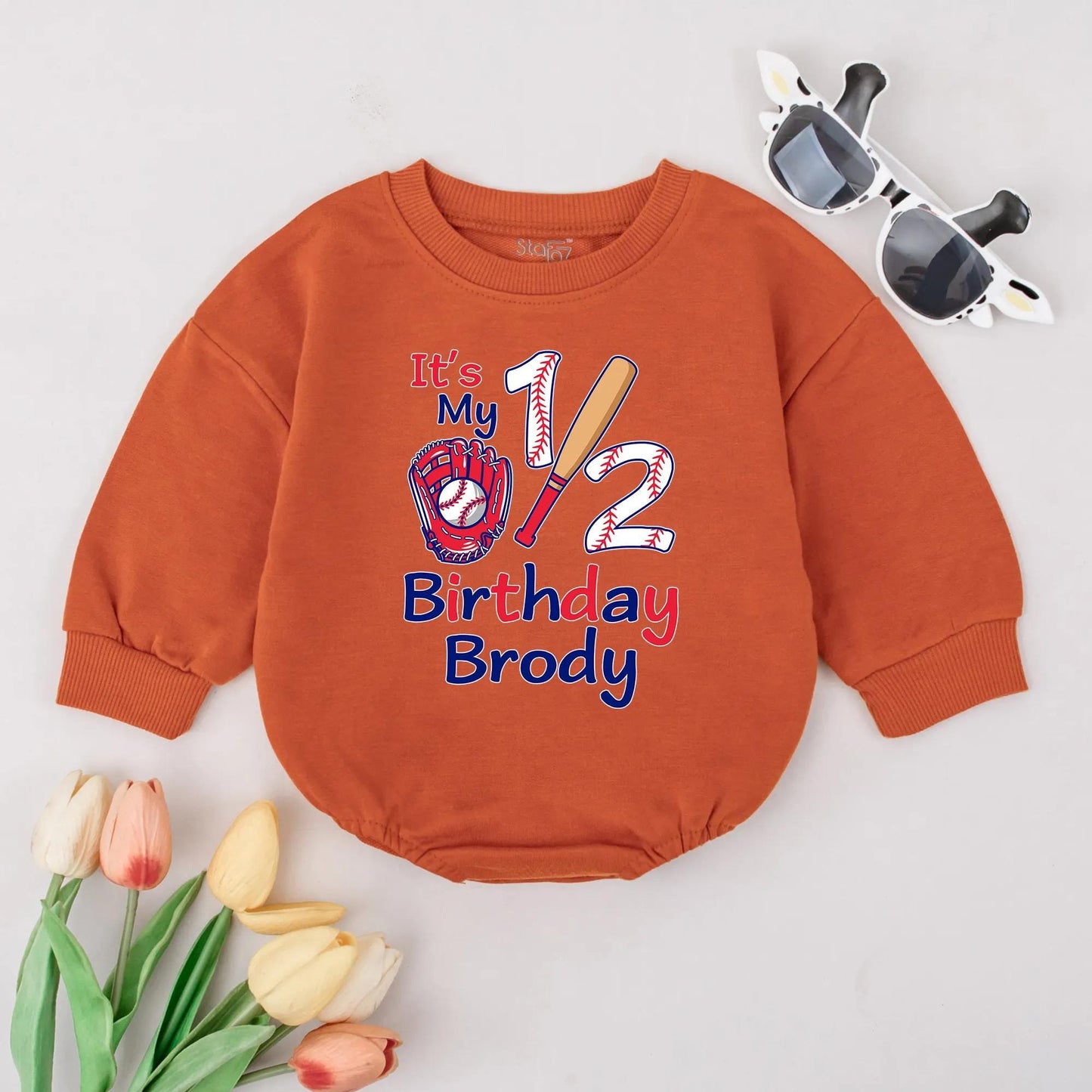 Brody's Baseball Half Birthday Outfit Custom 1/2 Birthday Romper for Baby Boys with Glove Bat Design Six Month Celebration