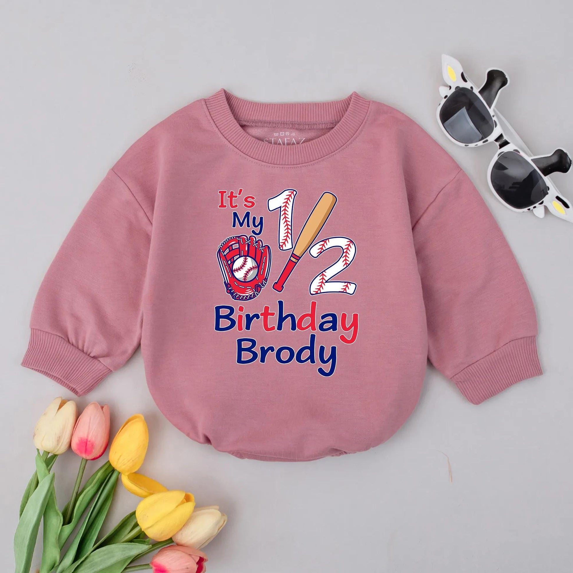 Brody's Baseball Half Birthday Outfit Custom 1/2 Birthday Romper for Baby Boys with Glove Bat Design Six Month Celebration