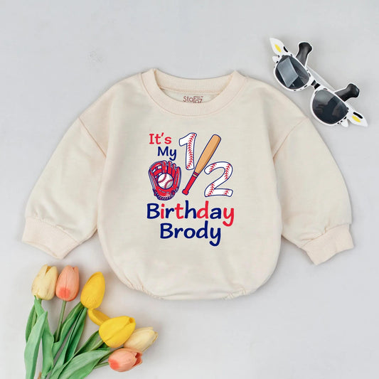 Brody's Baseball Half Birthday Outfit Custom 1/2 Birthday Romper for Baby Boys with Glove Bat Design Six Month Celebration