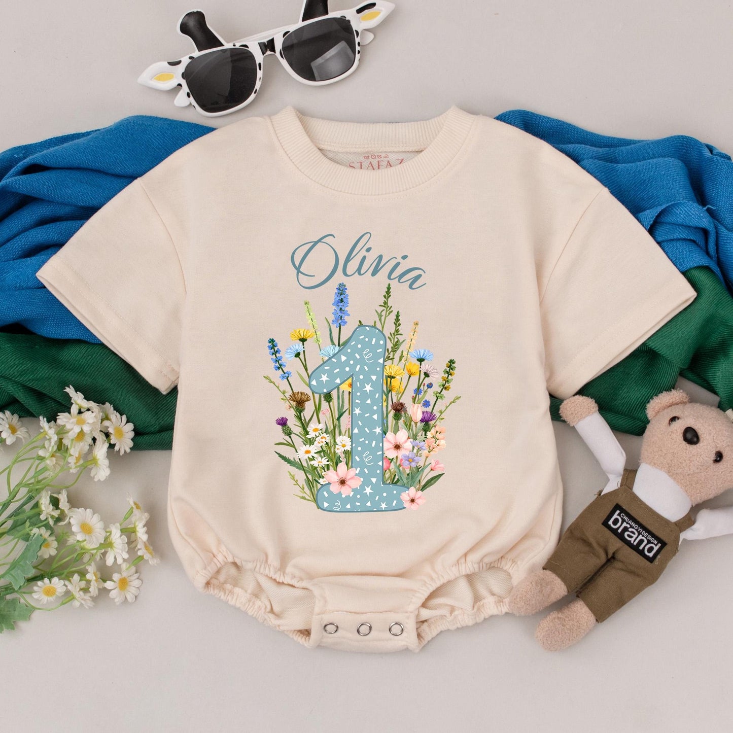 Personalized Olivia First Birthday Wildflower Romper, Floral Boho Girl Bodysuit Cake Smash Outfit, Sweet Pink Yellow Blue Purple Baby Shower Gift