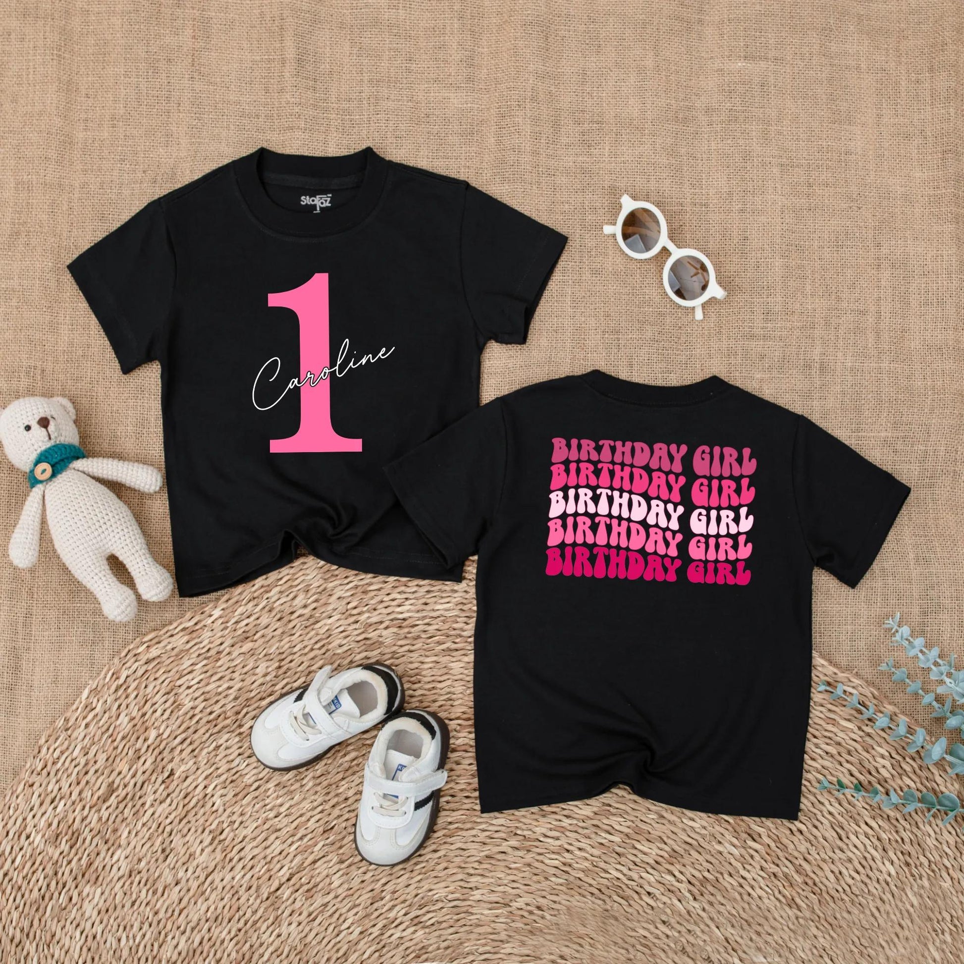 Bright Pink First Birthday Romper for Baby Girl with Custom Name '1' Front and Repeating Birthday Girl Back Celebration Outfit 135 Characters