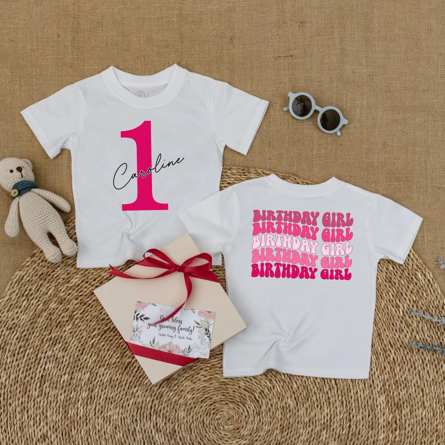 Bright Pink First Birthday Romper for Baby Girl with Custom Name '1' Front and Repeating Birthday Girl Back Celebration Outfit 135 Characters