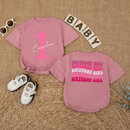 Bright Pink First Birthday Romper for Baby Girl with Custom Name '1' Front and Repeating Birthday Girl Back Celebration Outfit 135 Characters