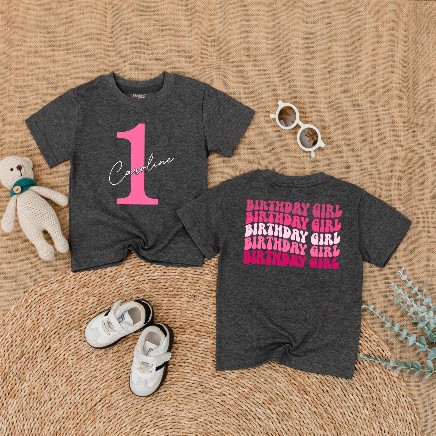 Bright Pink First Birthday Romper for Baby Girl with Custom Name '1' Front and Repeating Birthday Girl Back Celebration Outfit 135 Characters