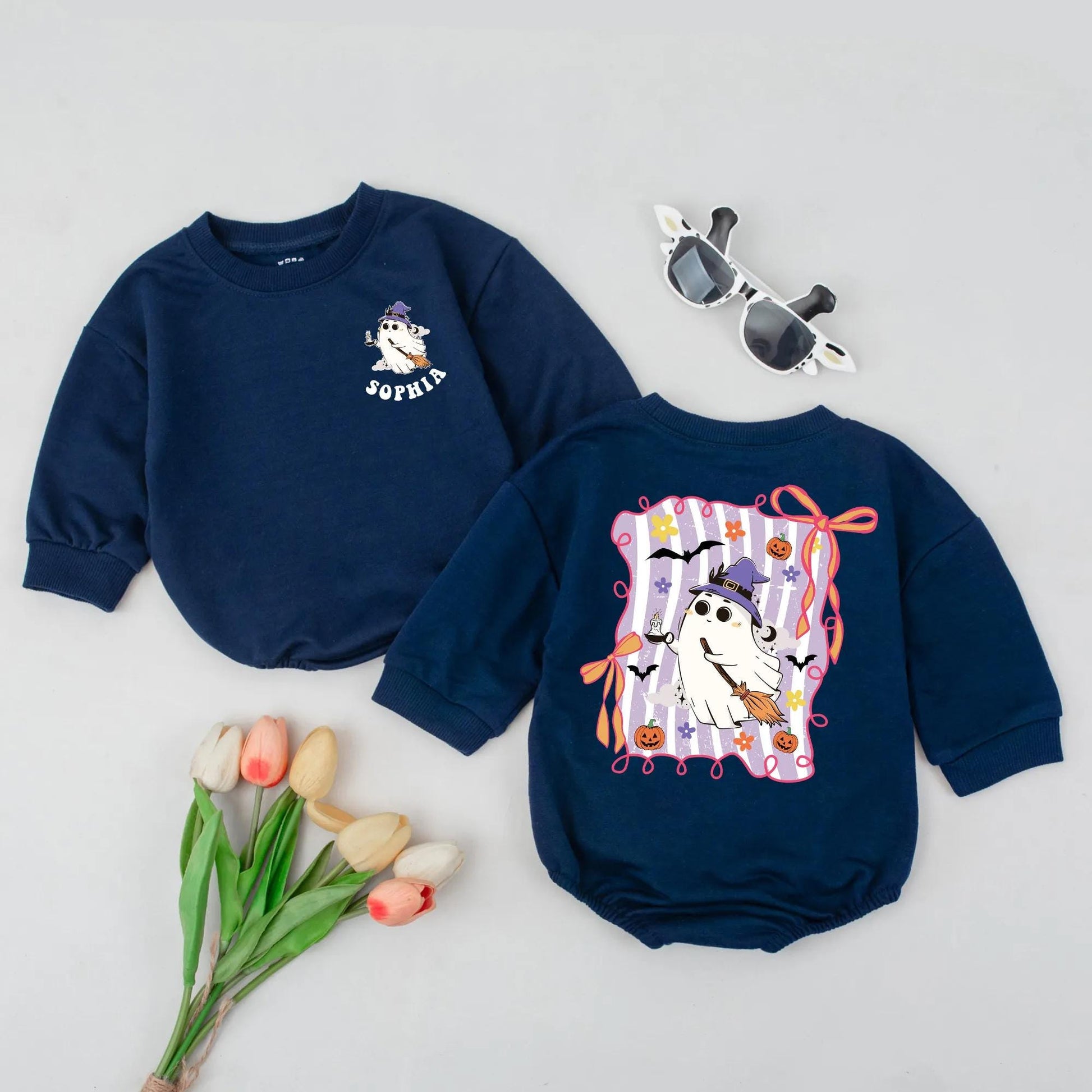 Personalized Witchy Ghost Romper: Sophia's 1st Halloween Outfit! Cute Custom Baby Bodysuit, Playful Spooky Season Gift, Infant Fall Clothes, Fun Witch Hat