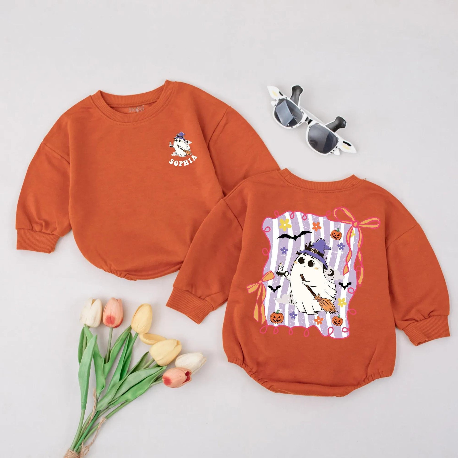 Personalized Witchy Ghost Romper: Sophia's 1st Halloween Outfit! Cute Custom Baby Bodysuit, Playful Spooky Season Gift, Infant Fall Clothes, Fun Witch Hat