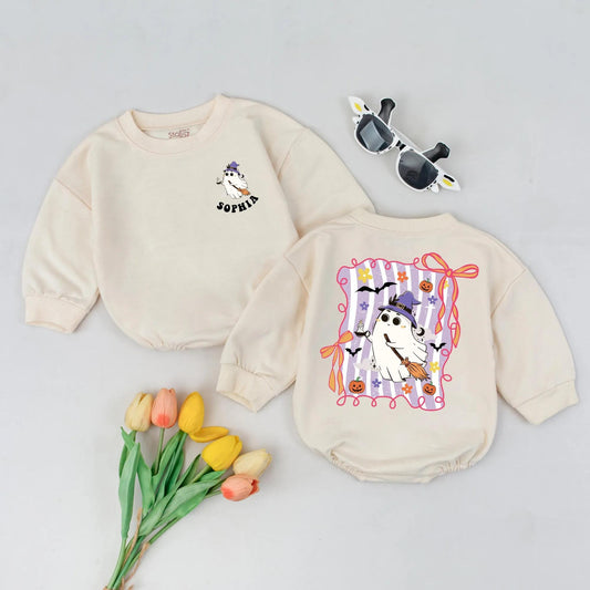 Personalized Witchy Ghost Romper: Sophia's 1st Halloween Outfit! Cute Custom Baby Bodysuit, Playful Spooky Season Gift, Infant Fall Clothes, Fun Witch Hat