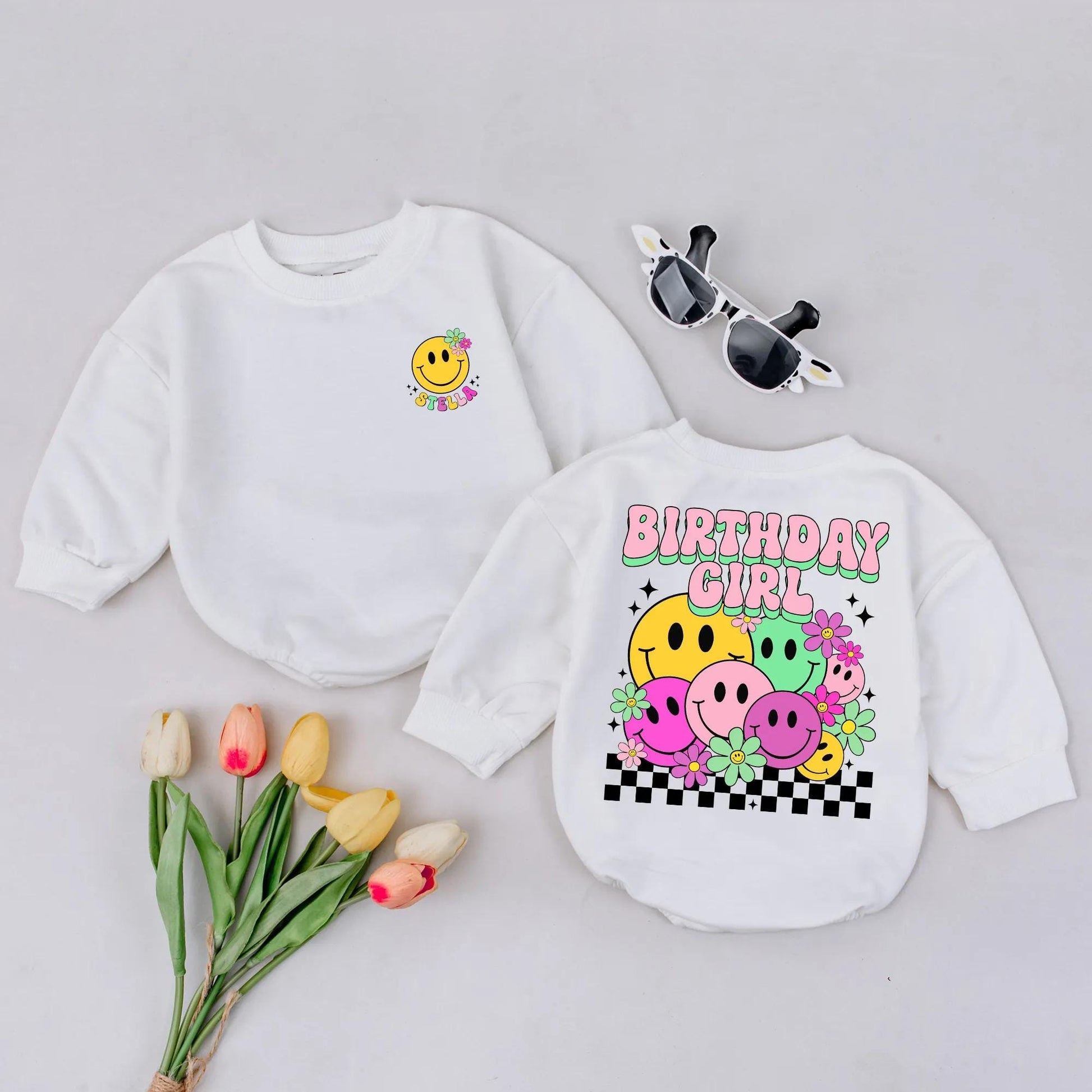 Personalized Smiley Face Birthday Romper Happy Face Custom Baby Girl Outfit Colorful Baby Shower Gift Stella Stella