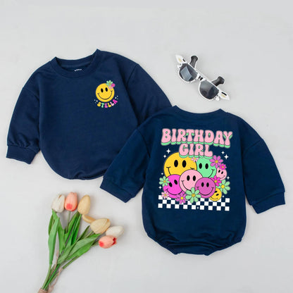Personalized Smiley Face Birthday Romper Happy Face Custom Baby Girl Outfit Colorful Baby Shower Gift Stella Stella