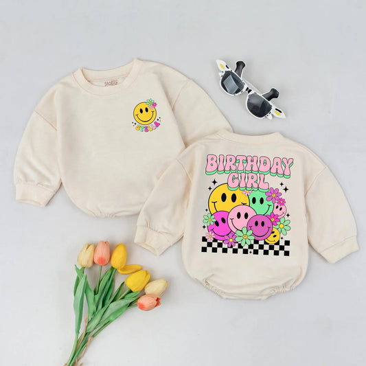 Personalized Smiley Face Birthday Romper Happy Face Custom Baby Girl Outfit Colorful Baby Shower Gift Stella Stella