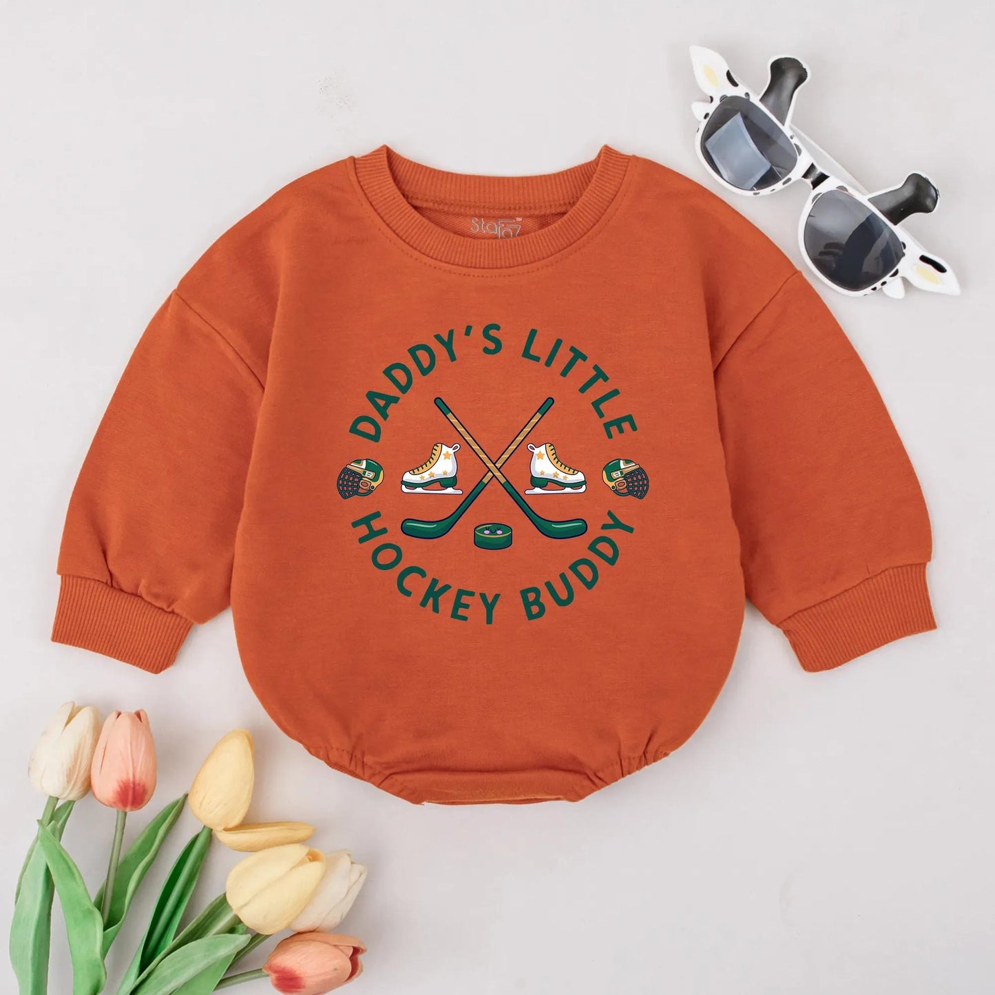 Daddy's Little Hockey Buddy Bubble Romper Future Hockey Player Baby Boy Clothes Sporty Green Gold Black White Game Day Gift