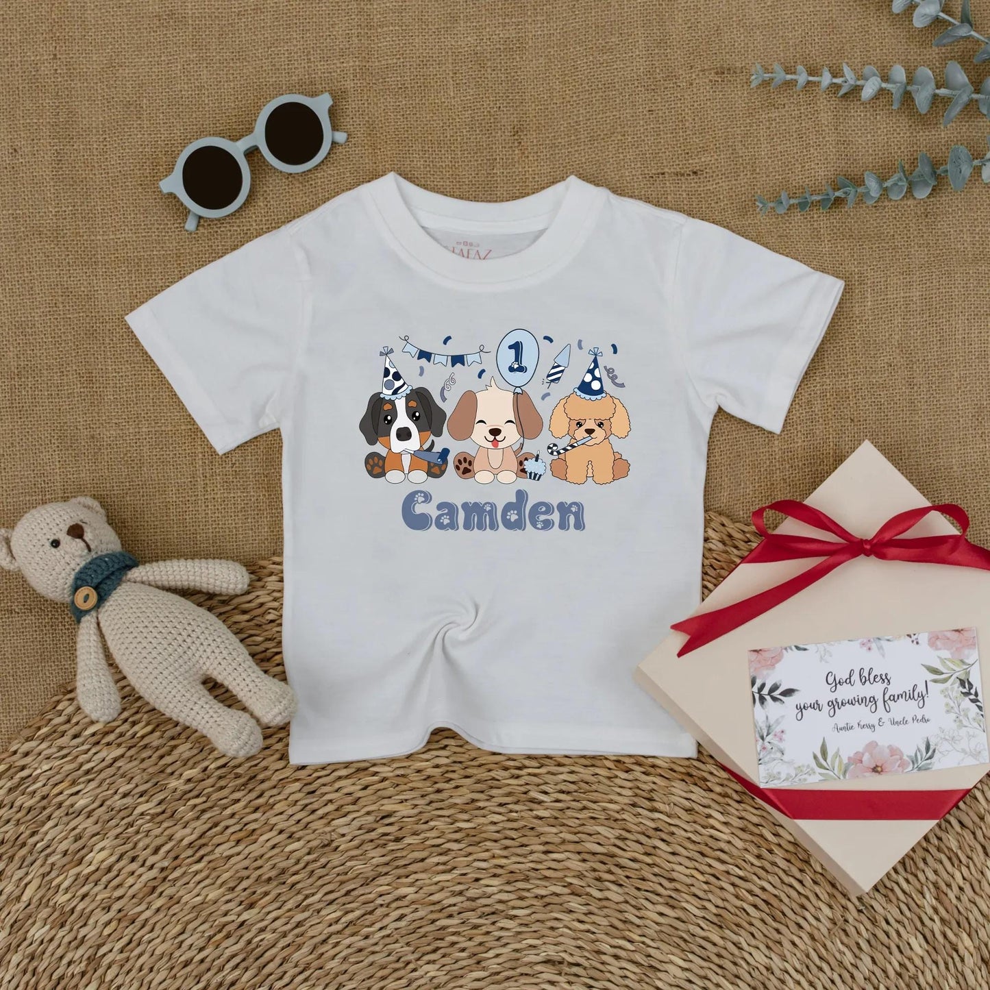 Let's Pawty Puppy Birthday Romper Pastel Cartoon Puppies Personalized Camden Name 1st Birthday Outfit Baby Boy Girl Gift