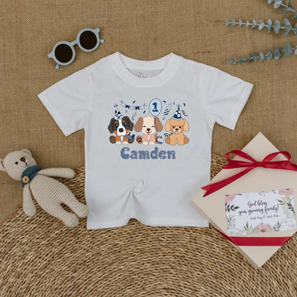 Let's Pawty Puppy Birthday Romper Pastel Cartoon Puppies Personalized Camden Name 1st Birthday Outfit Baby Boy Girl Gift
