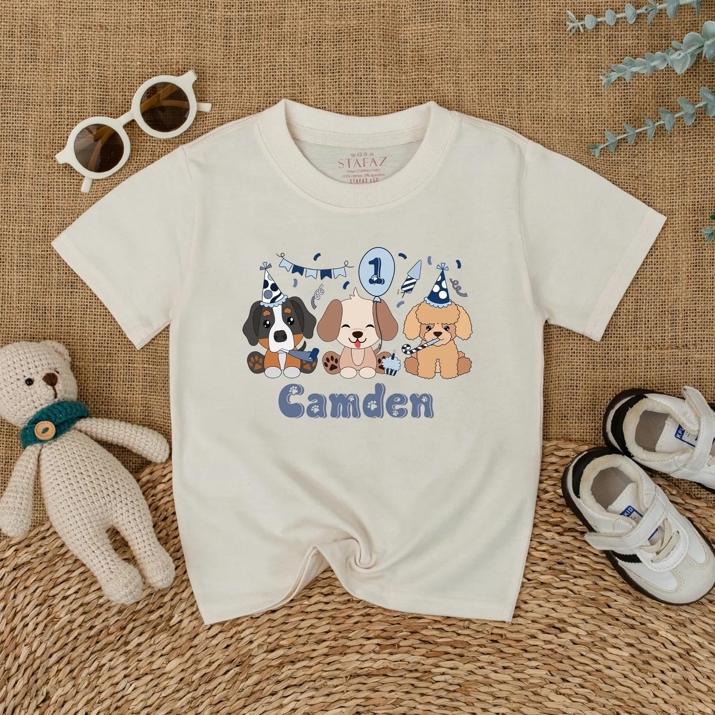 Let's Pawty Puppy Birthday Romper Pastel Cartoon Puppies Personalized Camden Name 1st Birthday Outfit Baby Boy Girl Gift