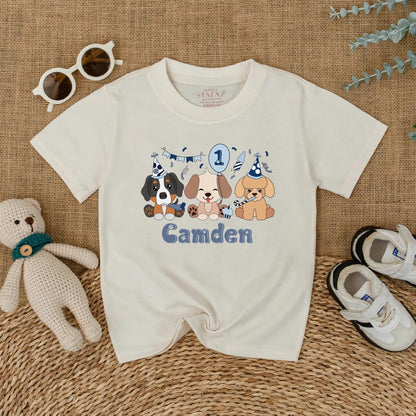 Let's Pawty Puppy Birthday Romper Pastel Cartoon Puppies Personalized Camden Name 1st Birthday Outfit Baby Boy Girl Gift