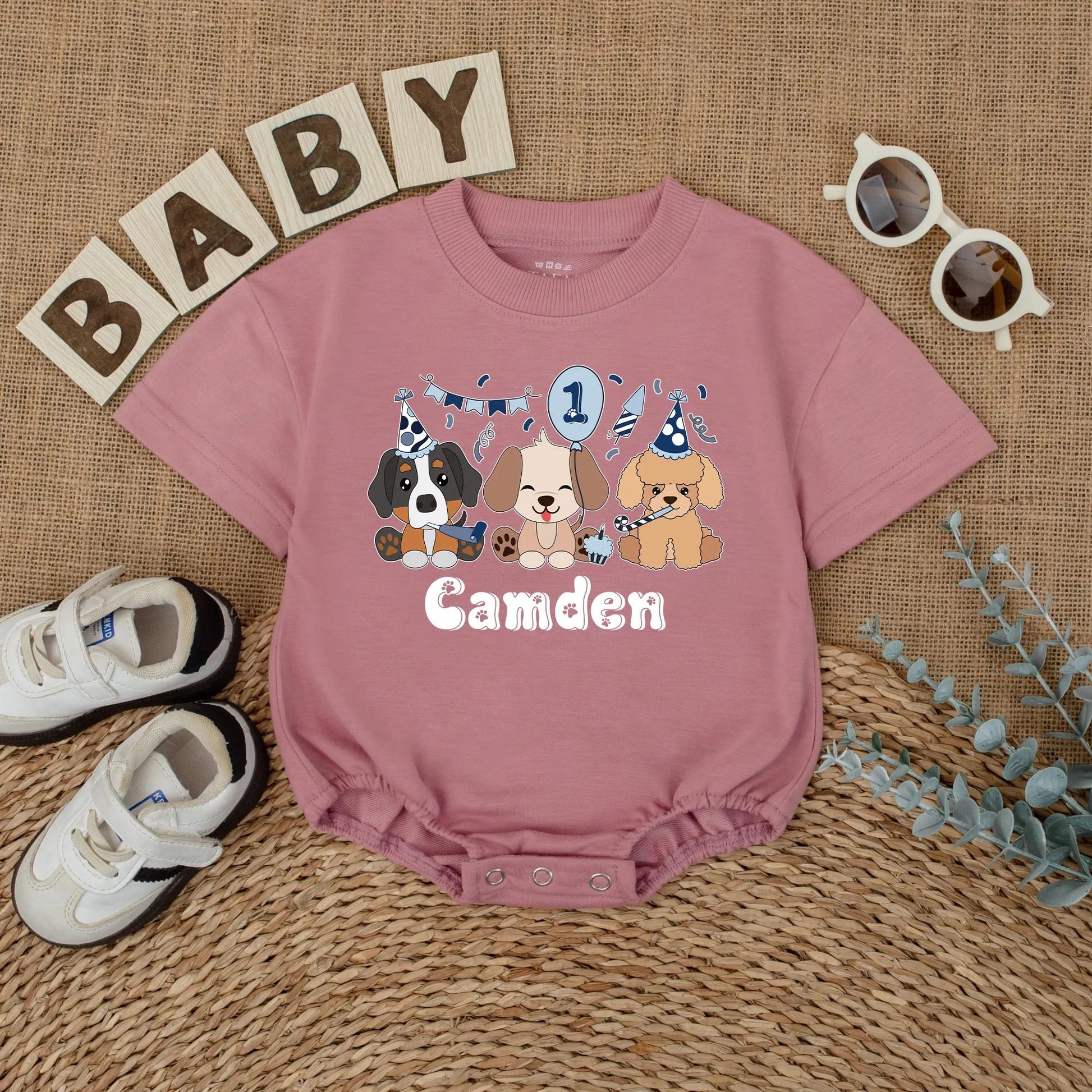 Let's Pawty Puppy Birthday Romper Pastel Cartoon Puppies Personalized Camden Name 1st Birthday Outfit Baby Boy Girl Gift